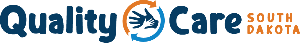 Quality Care South Dakota logo with blue and orange text and an icon showing two hands surrounded by circular arrows