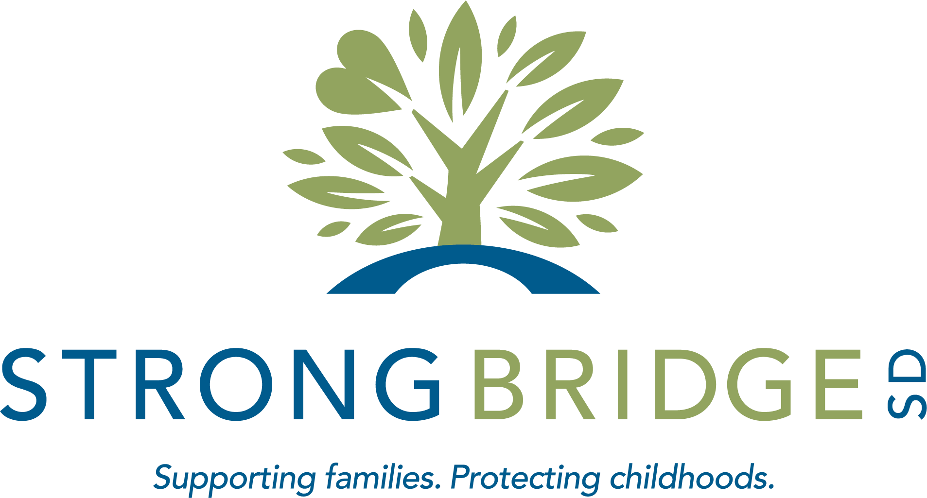 Logo featuring a stylized green tree with broad leaves positioned above a blue curved line. Below the graphic, the text reads “STRONGBRIDGE SD,” with “BRIDGE” in green and the other letters in blue. Underneath the name is the tagline “Supporting families. Protecting childhoods.”
