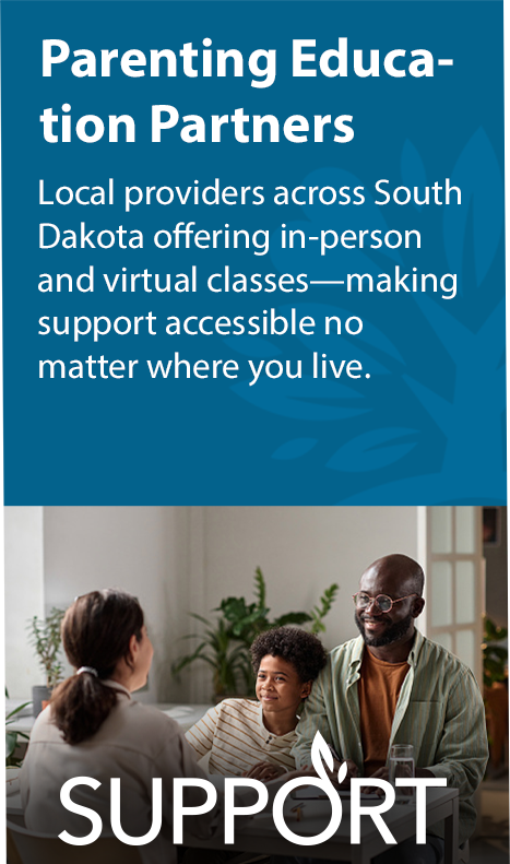 Promotional graphic for the Parenting Education Partners program. The top portion includes text explaining that local providers across South Dakota offer in‑person and virtual classes to make parenting support accessible no matter where someone lives. Below the text is an image showing three individuals seated together indoors in a living‑room setting. The bottom of the graphic displays the SUPPORT logo.